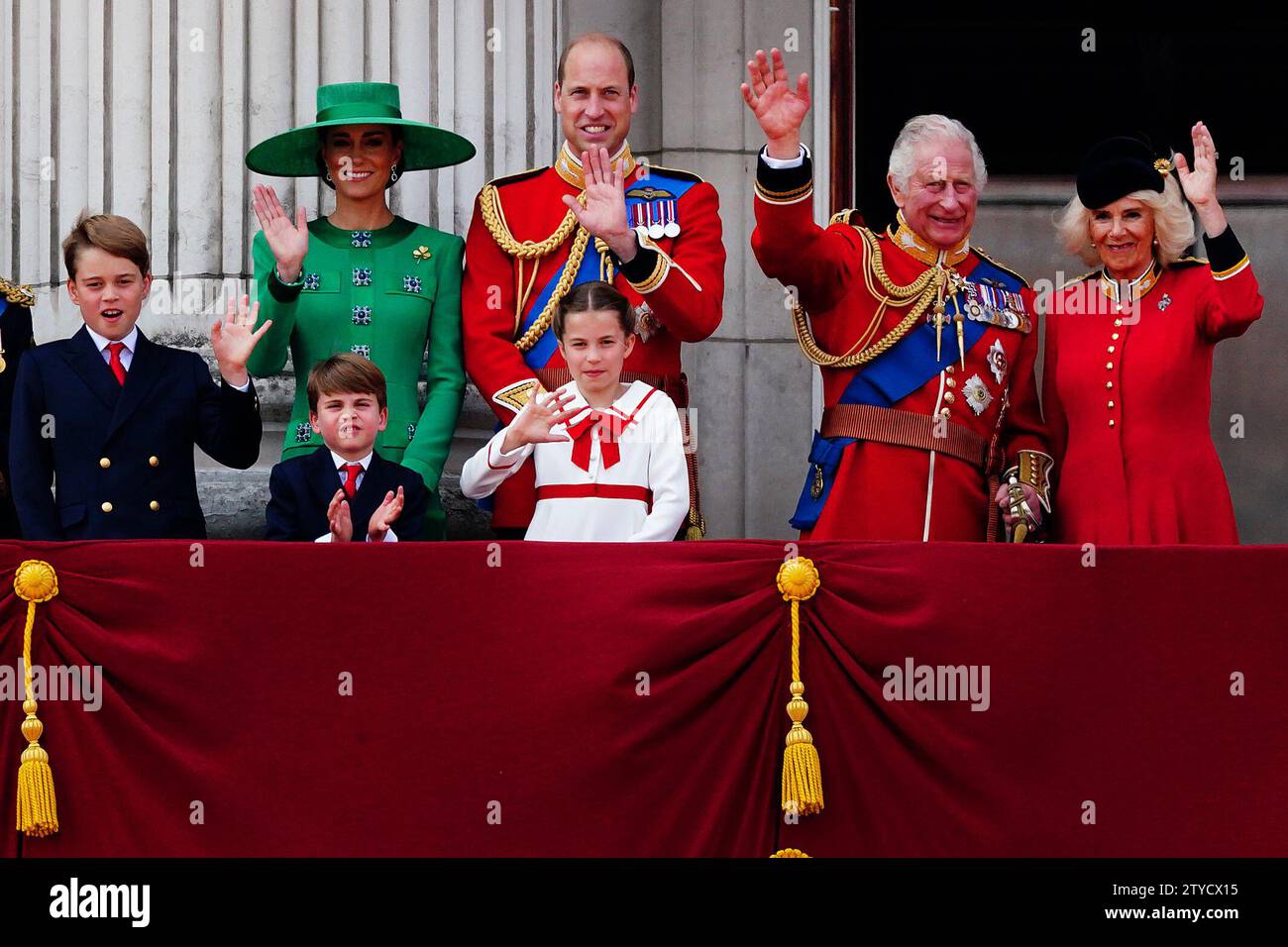 File photo dated 17/06/23 of (left to right) Prince George, the Princess of Wales, Prince Louis, the Prince of Wales, Princess Charlotte, King Charles III and Queen Camilla on the balcony of Buckingham Palace, London, to view the flypast following the Trooping the Colour ceremony in central London, as King Charles III celebrates his first official birthday since becoming sovereign. A coronation, a reignited race row and a controversial memoir by the Duke of Sussex shaped the royal family's 2023. It was the King's first full calendar year as monarch, as he bedded into the role and was crowned w Stock Photo