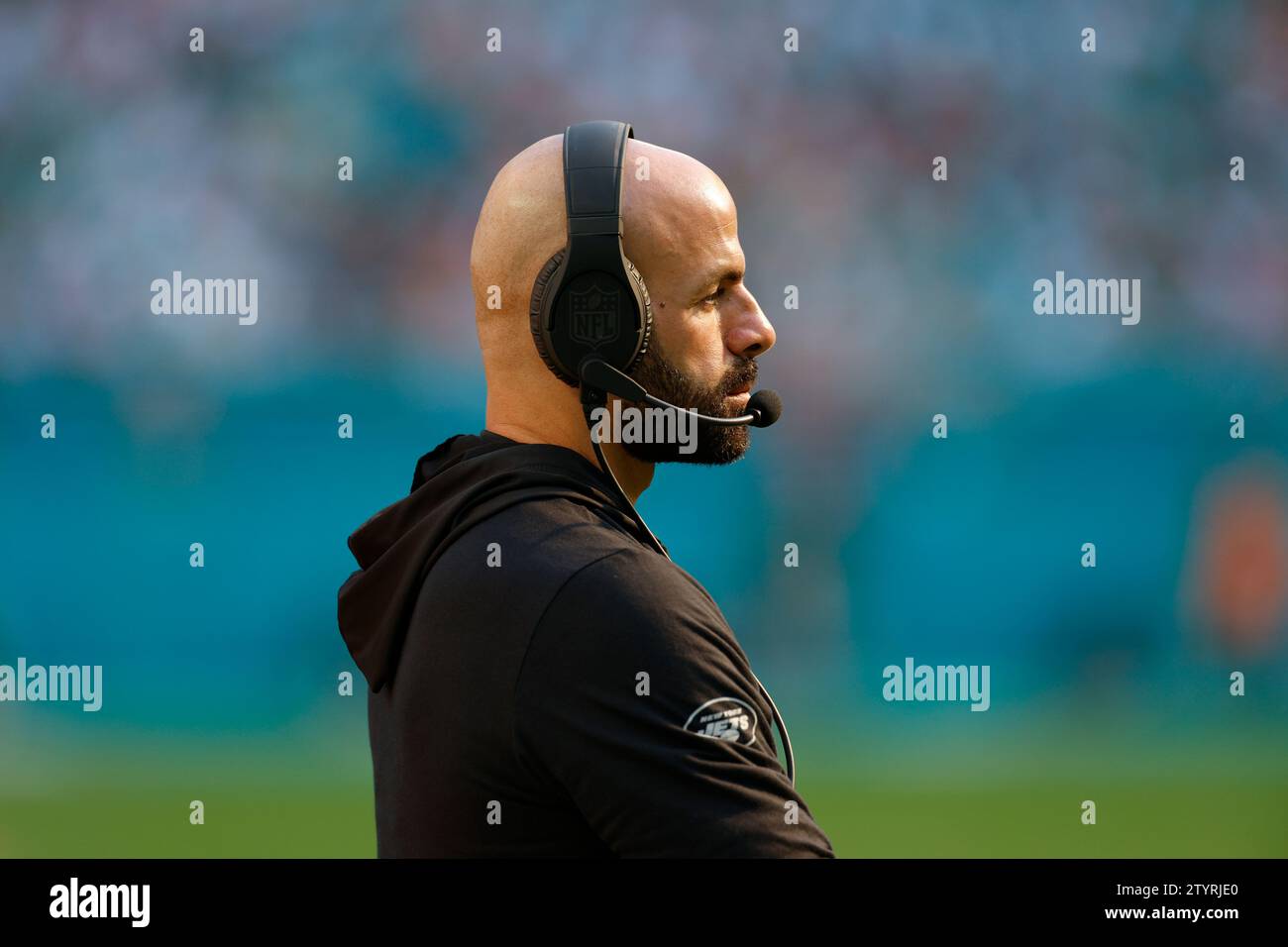 New York Jets head coach Robert Saleh on the sideline during an NFL regular season game against the Miami Dolphins, Sunday, December 17, 2023, at Hard Stock Photo