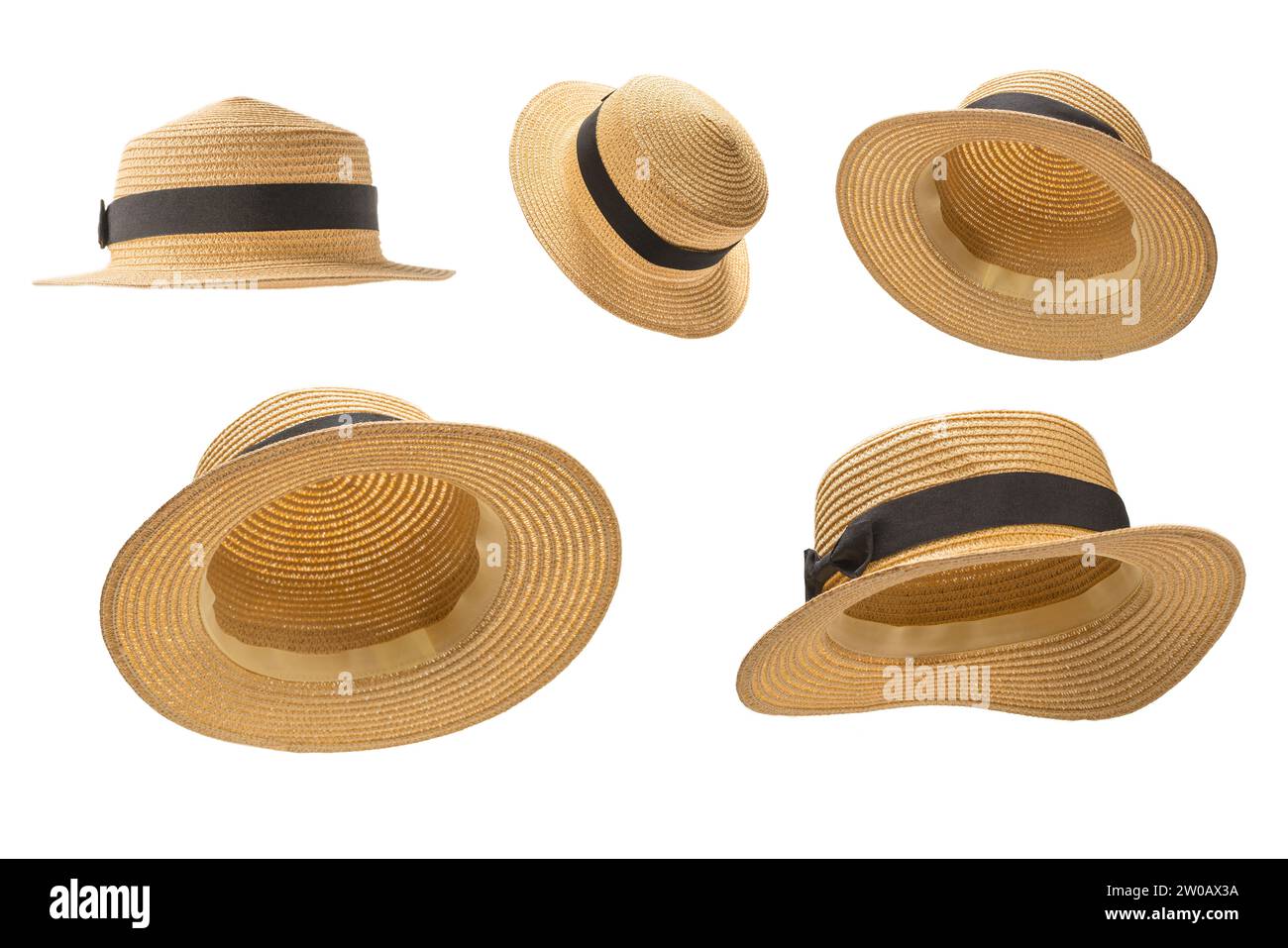 Straw hat with black bow isolated on white background. Stock Photo