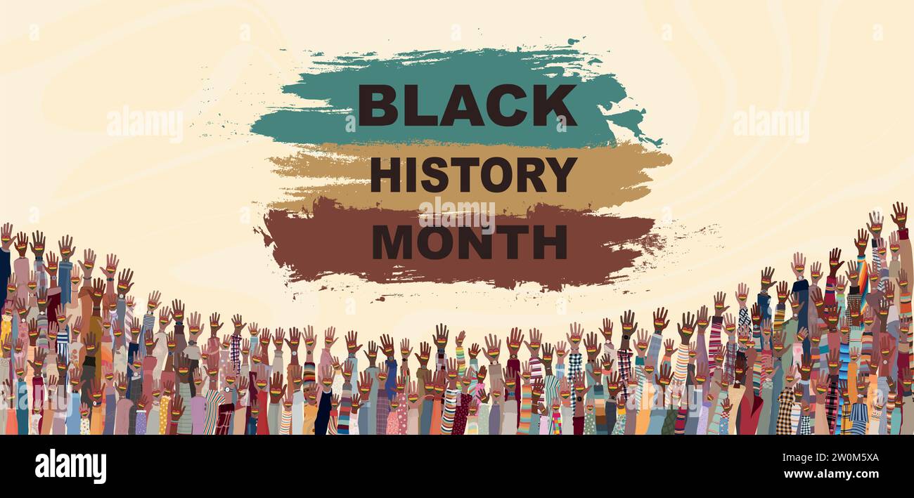 Many black skin African American men women children seniors  group raised hand holding a heart with flag colors for Black History Month event. Banner Stock Vector
