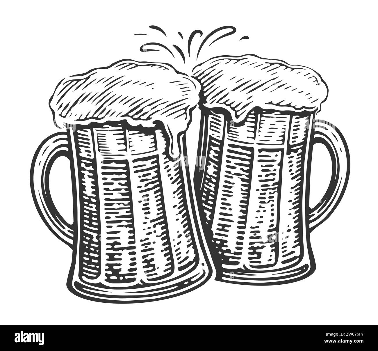 Cheers, Two beer mugs toast. Clinking glass glasses full of ale and splashes of foam, illustration Stock Vector