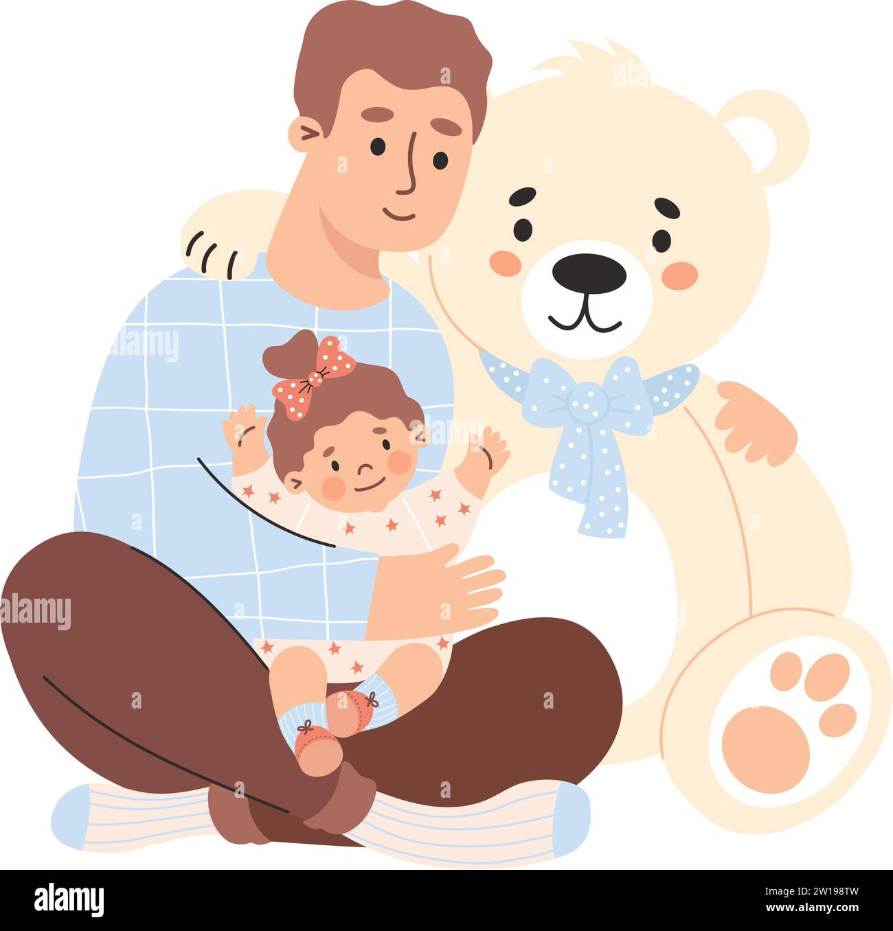 Happy man with small child hugs large white teddy bear toy. Cute character father with daughter. Vector illustration in flat style Stock Vector
