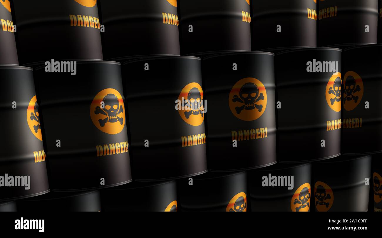 Danger warning with skull symbol barrels in row concept. Dangerous caution industrial containers 3d illustration. Stock Photo