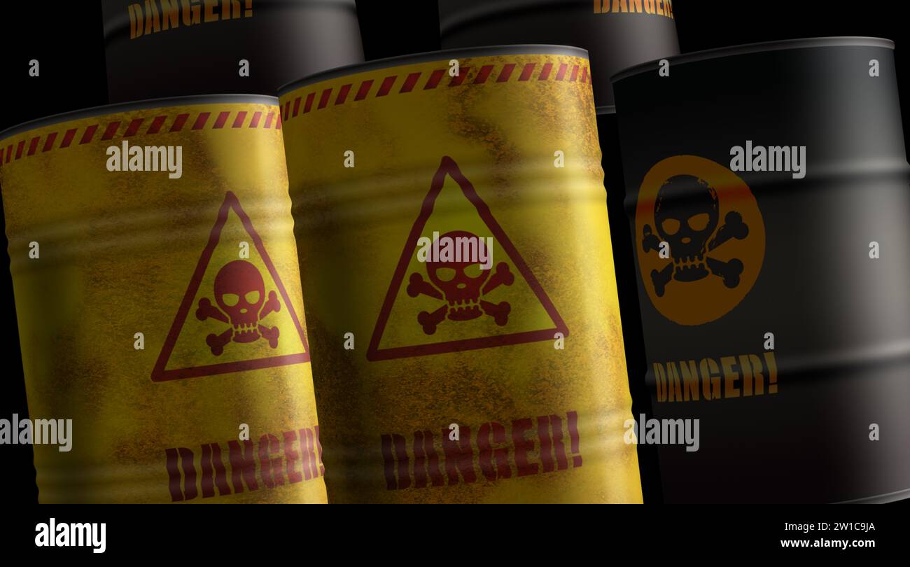 Danger warning with skull symbol barrels in row concept. Dangerous caution industrial containers 3d illustration. Stock Photo