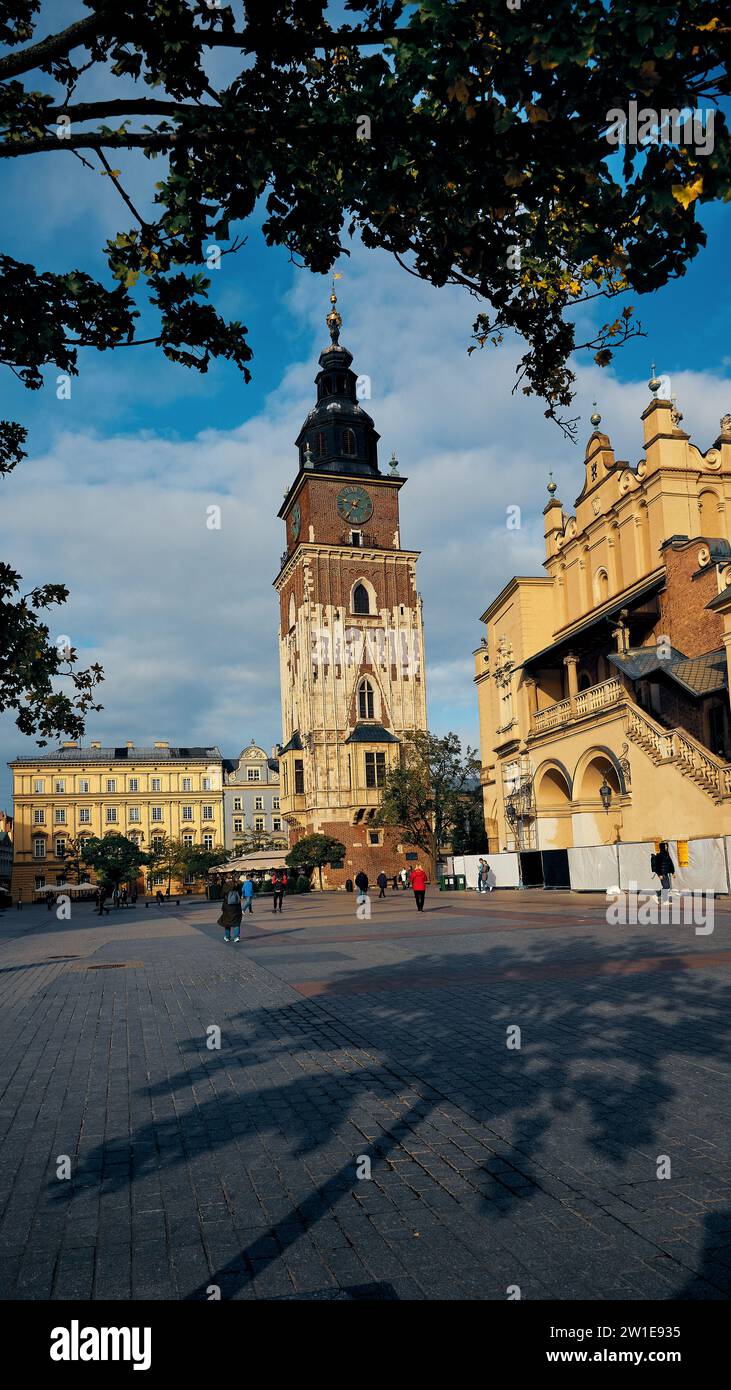 Town Hall Tower and Main Market Square in Old town. Krakow, Poland Stock Photo