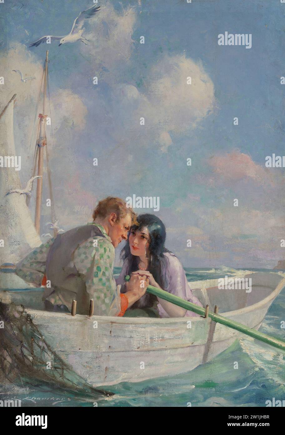 Charles Edward Chambers (American, 1883-1941). Love Birds. Couple in a row boat. Oil on canvas Stock Photo