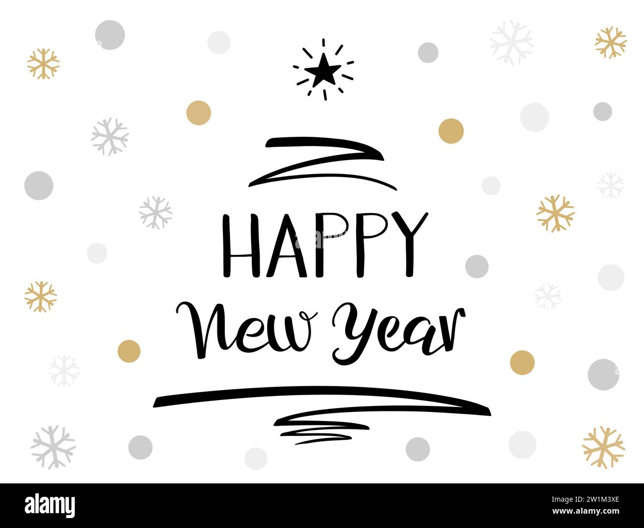 Happy New Year hand Lettering greeting card with Christmas tree pen stroke and star. Modern brush ink calligraphy. Black text isolated on white. Stock Vector