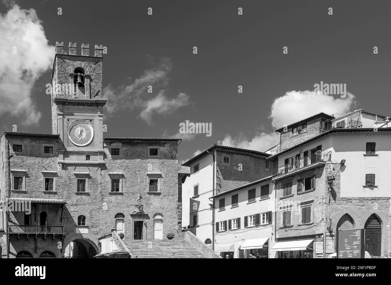 Piazza della Repubblica square in the historic center of Cortona, Arezzo, Italy, in black and white Stock Photo