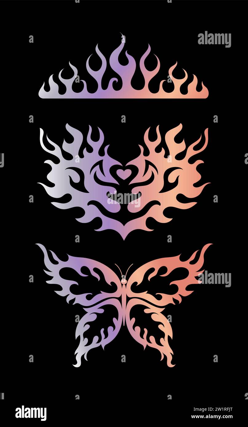 Set of metallic holographic Y2k stickers. Shining holographic gradient heart on fire, flame, butterfly. Vector foil in 2000s style. Aesthetics of the Stock Vector
