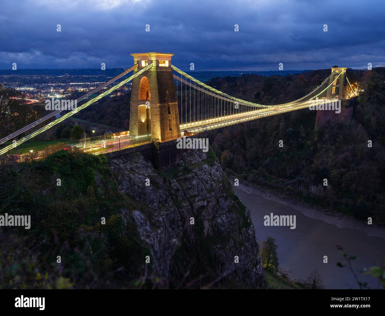 The Clifton Suspension Bridge over the Avon Gorge in Bristol UK built to a design by and to honour Victorian engineer Isambard Kingdom Brunel Stock Photo