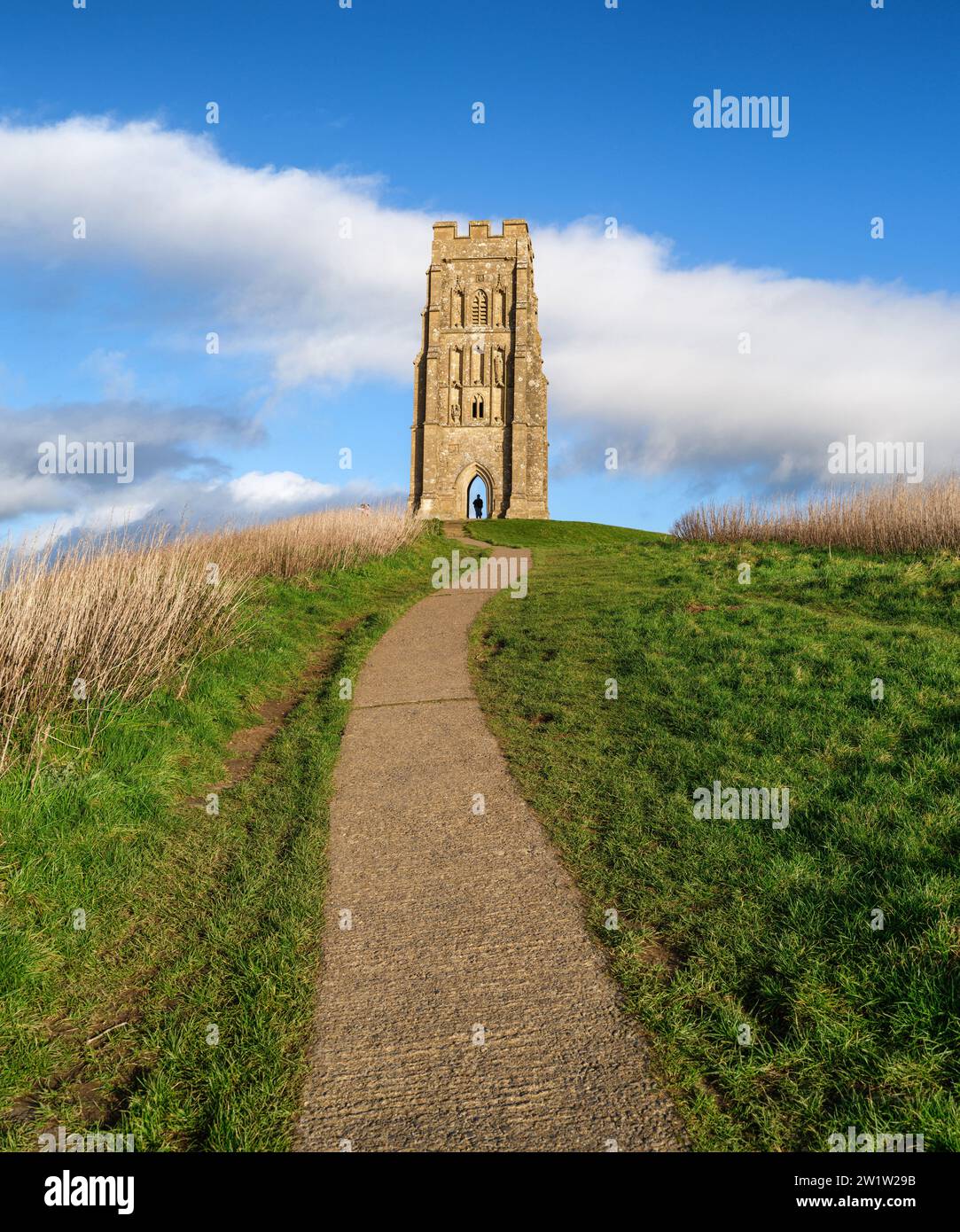 Path up to Glastonbury Tor in Somerset UK crowned by the isolated tower of St Michael's church Stock Photo