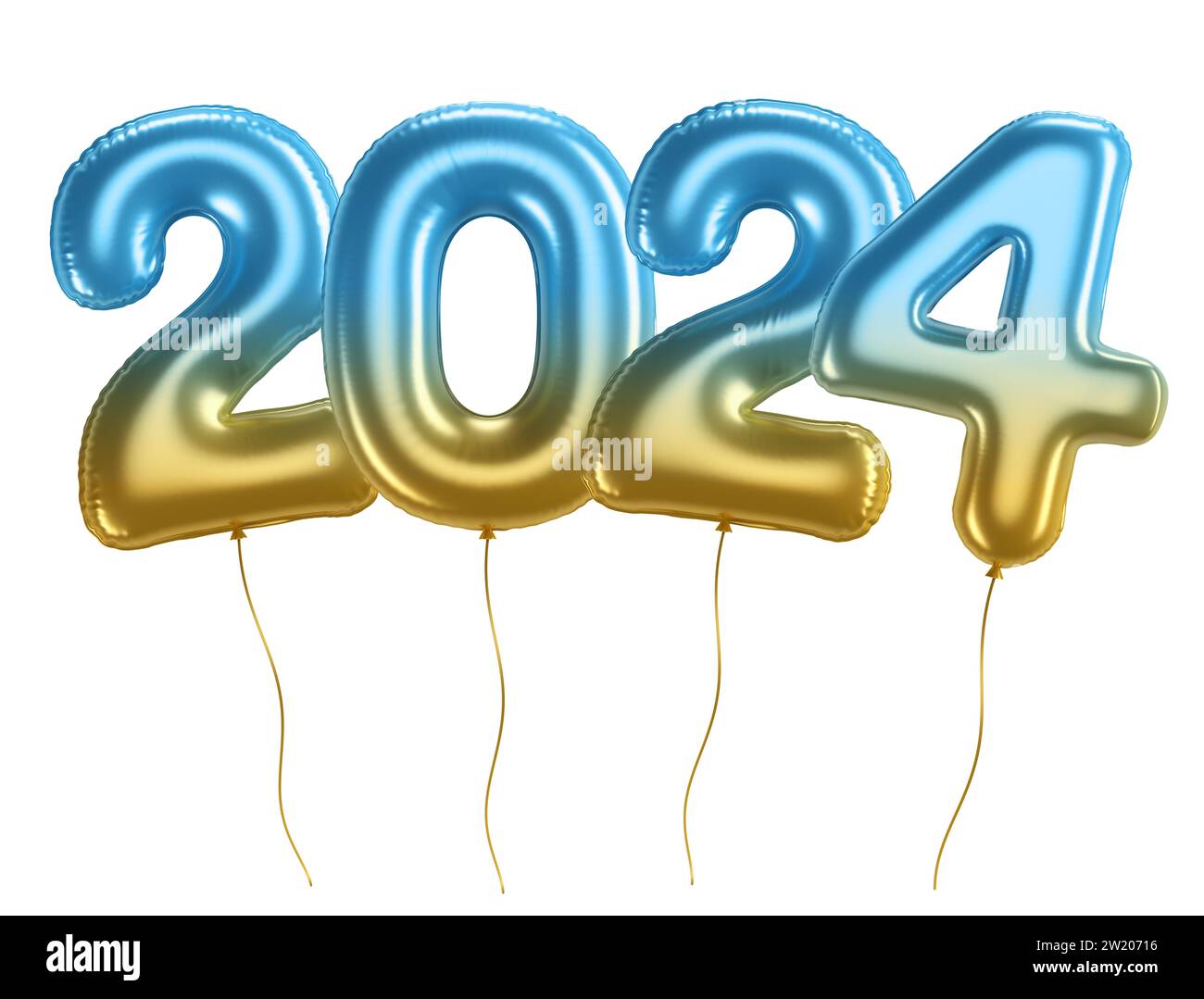 Holiday background happy new year 2024. Year numbers 2024 Golden and blue balloon on white background with clipping path. Celebrating the New Year's Stock Photo