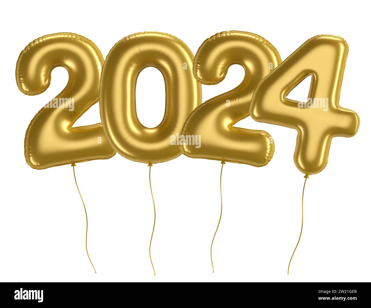 Holiday background happy new year 2024. Year numbers 2024 golden foil balloon on white background with clipping path. Celebrating the New Year's Stock Photo
