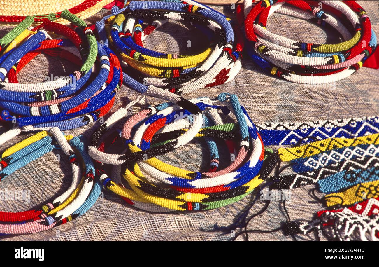 Colourful bead necklaces made by Zulu women Durban South Africa Stock