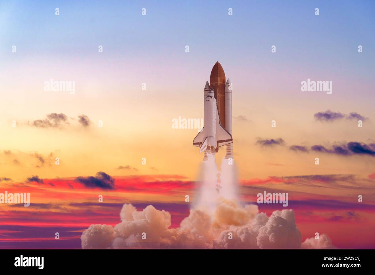 Shuttle lift off. Space programs. Composite image. Not AI generated. Stock Photo