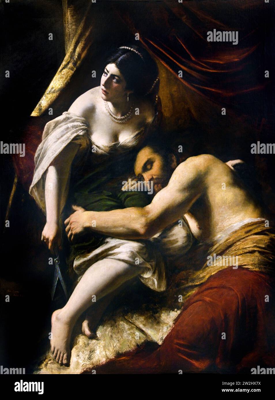 Doukas Ioannis (1841 - 1916) Samson and Delilah, Painting 19ty-20th Century, National Gallery, Athens, Greece. Philistines, Samson - Samson, unravel his strength, Delilah, reveals his real secret, long hair, cuts his long hair Stock Photo