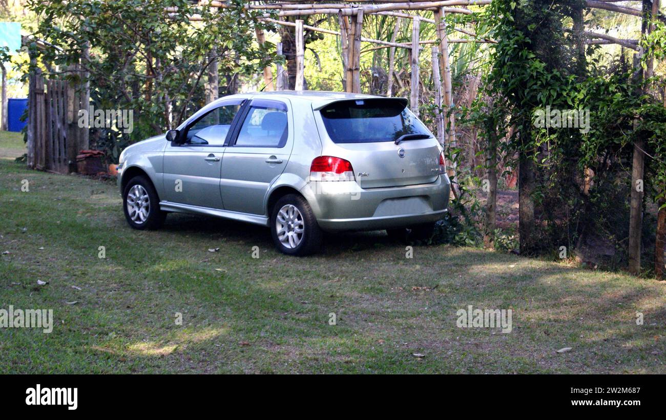Automotive of the Italian automaker Fiat model Palio in green in the background vegetation with wooden structure Stock Photo