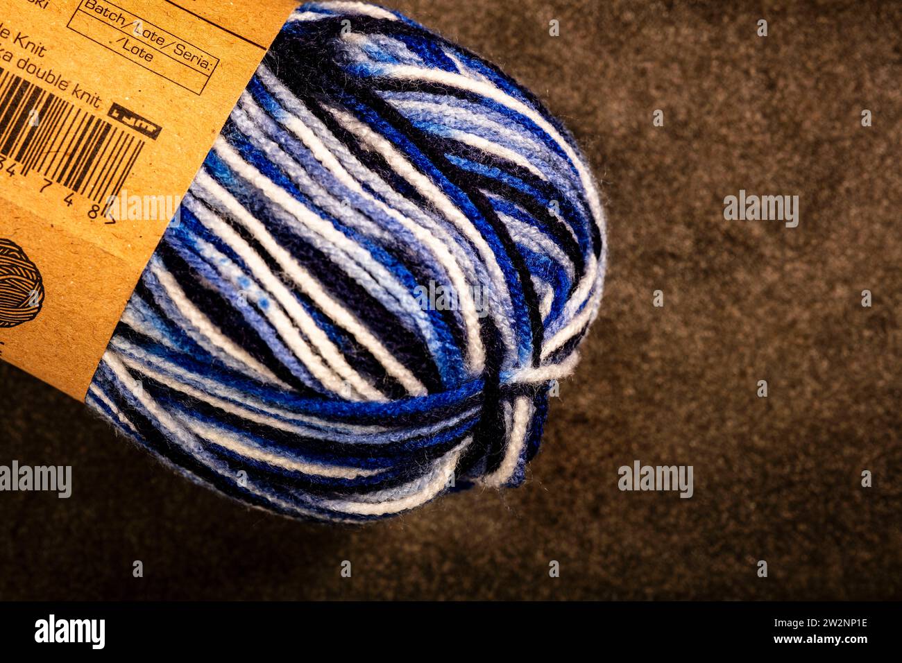 Close up semi abstract still life of blue and white wool showing colours, texture and pattern Stock Photo