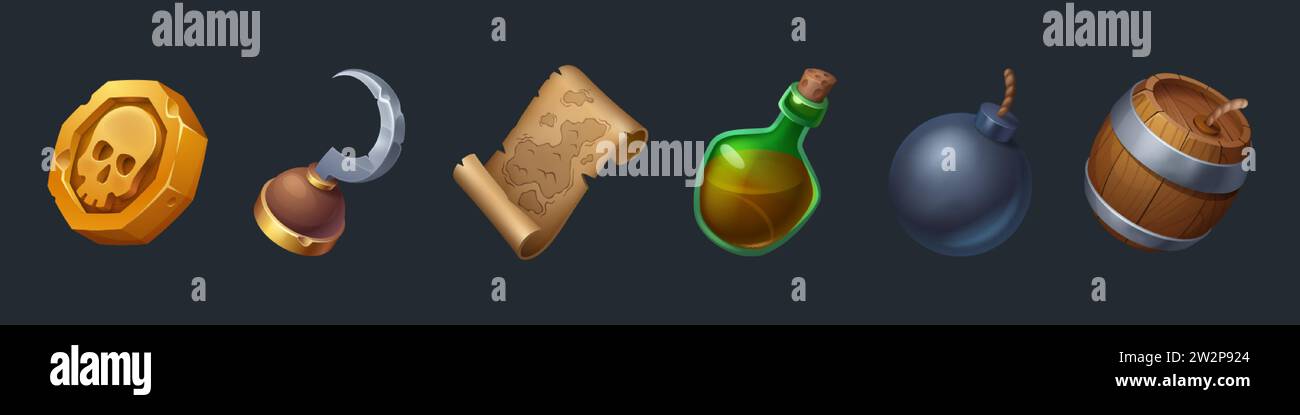 Pirate game ui element icon with treasure map. Cartoon vector gold coin ...
