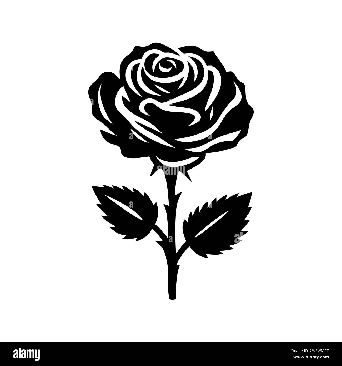 Black Silhouette Of Rose With Leaves Vector Illustration Stock