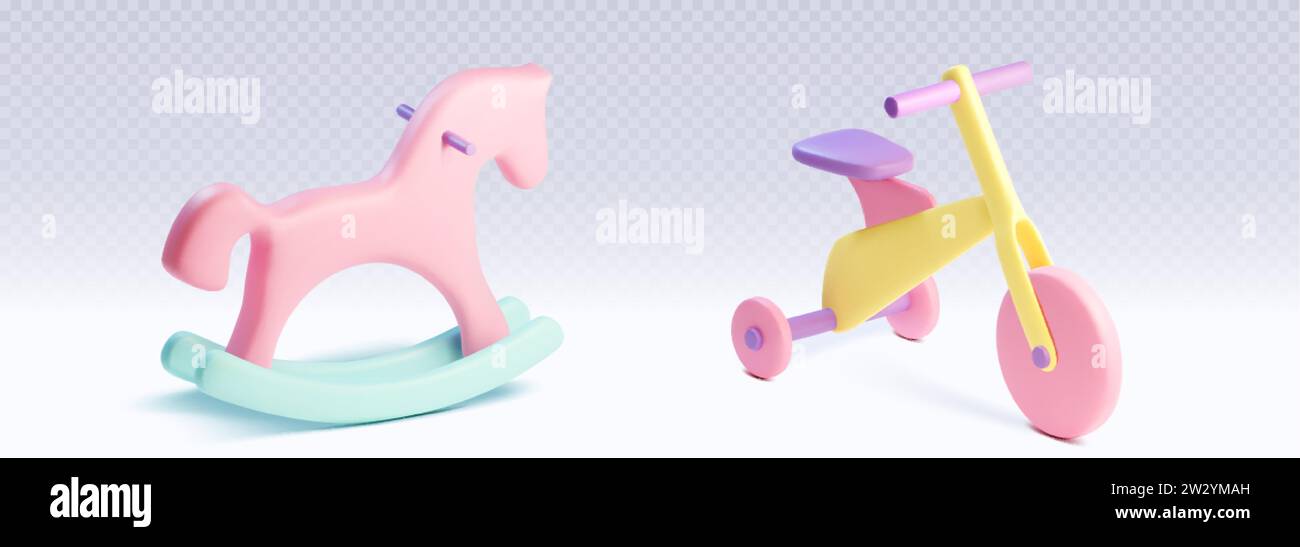 3d render rocking horse toy icon with tricycle. Kid wheel bike and ...