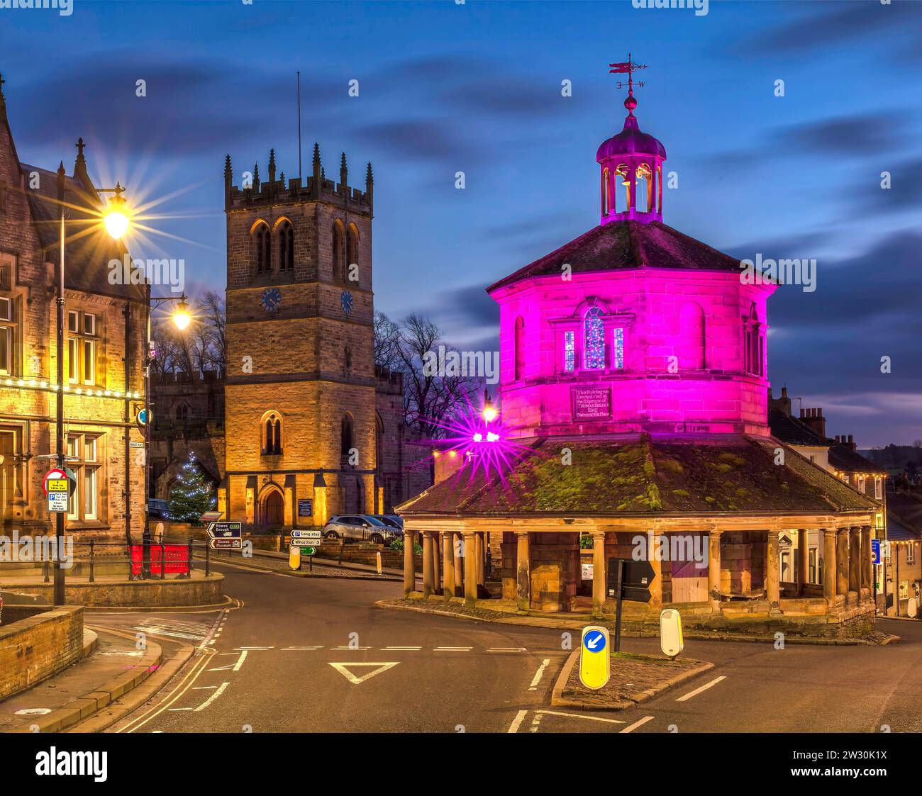 View at dusk of Barnard Castle at Christmas time with Christmas Lights
