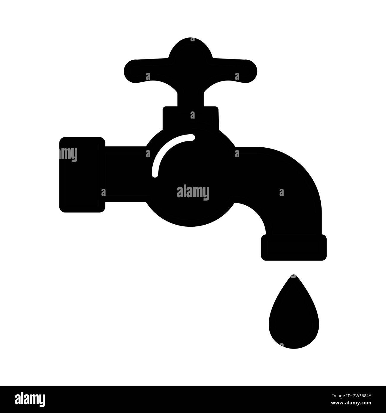 Black faucet illustration. Water, plumber, plumbing, valve, drop, bath sink shower pipe leak Vector icons Stock Vector
