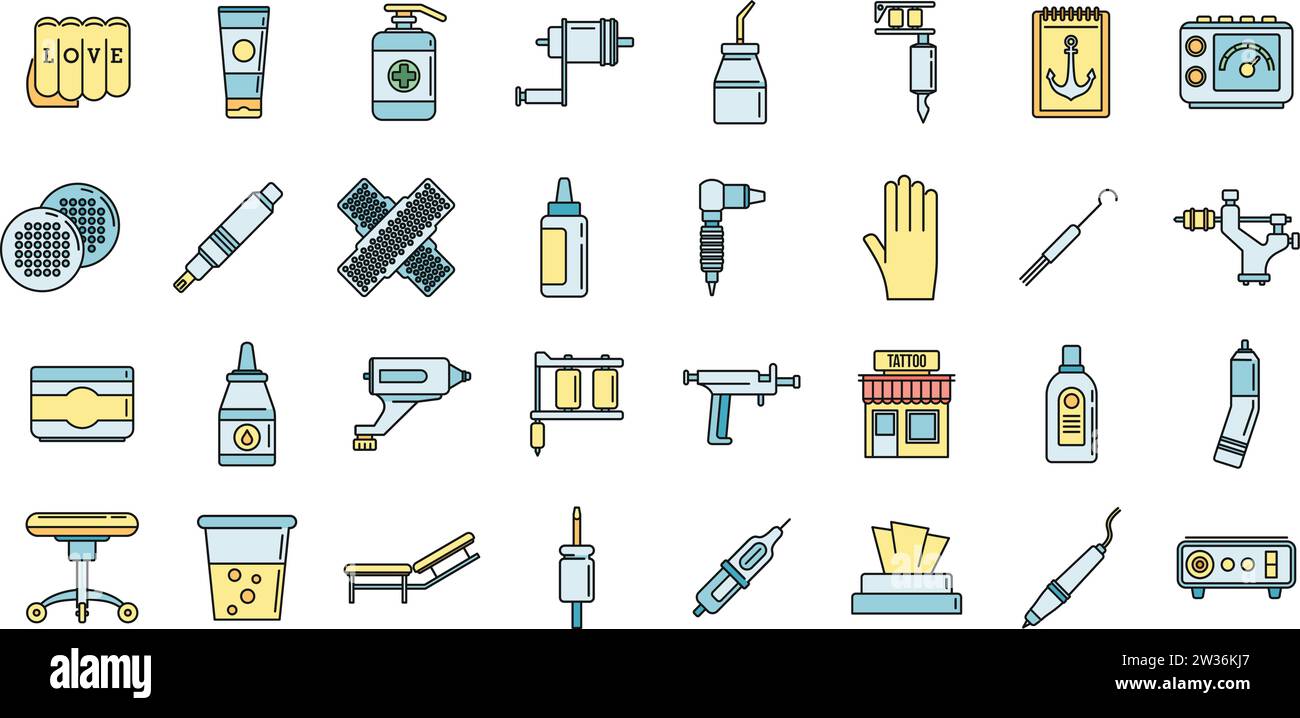 City tattoo studio icons set. Outline set of city tattoo studio vector icons thin line color flat on white Stock Vector