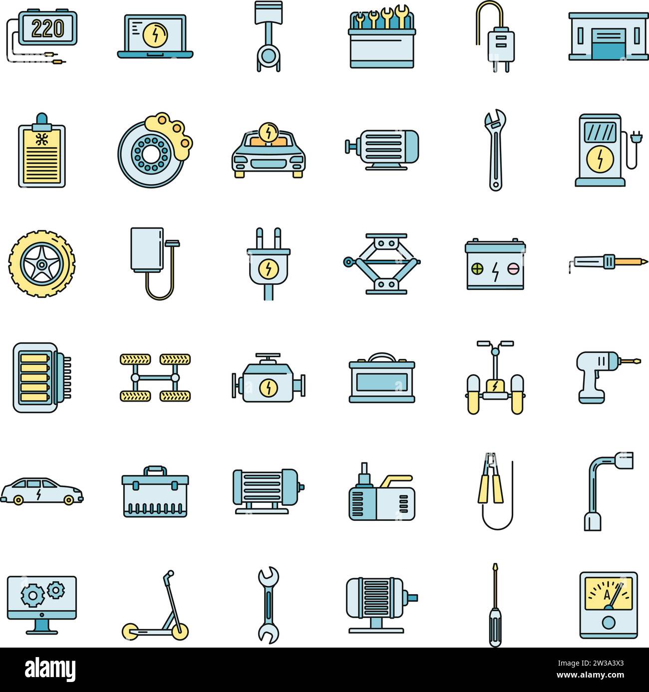 Electric vehicle repair service icons set. Outline set of electric ...