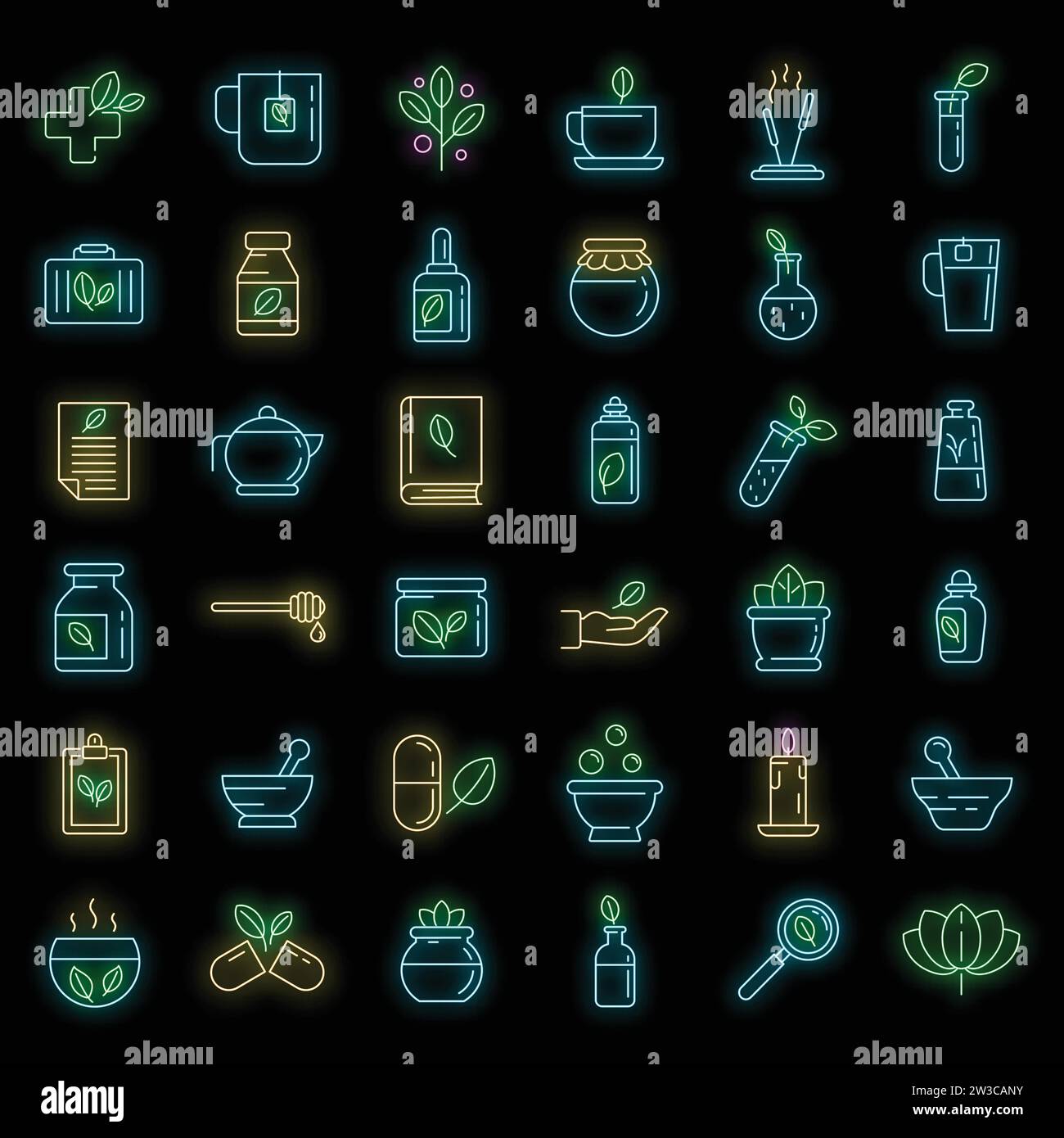 Phytotherapy icons set. Outline set of phytotherapy vector icons neon color on black Stock Vector