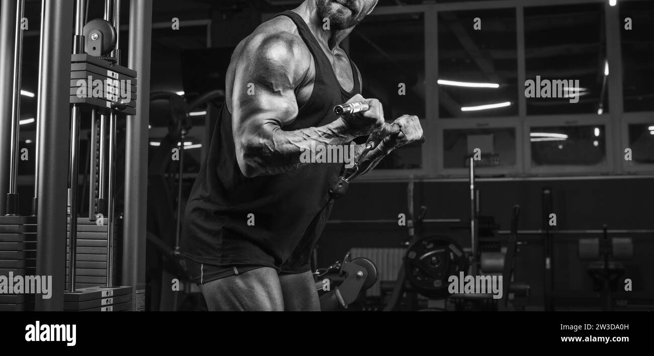 Image of a powerful athlete exercising in a crossover at the gym. Biceps pumping. Fitness and bodybuilding concept Stock Photo