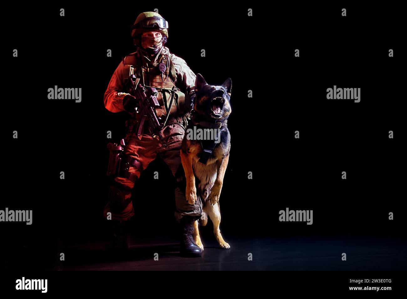 Armed man in military uniform with a machine gun restrains a barking service dog. Mixed media Stock Photo