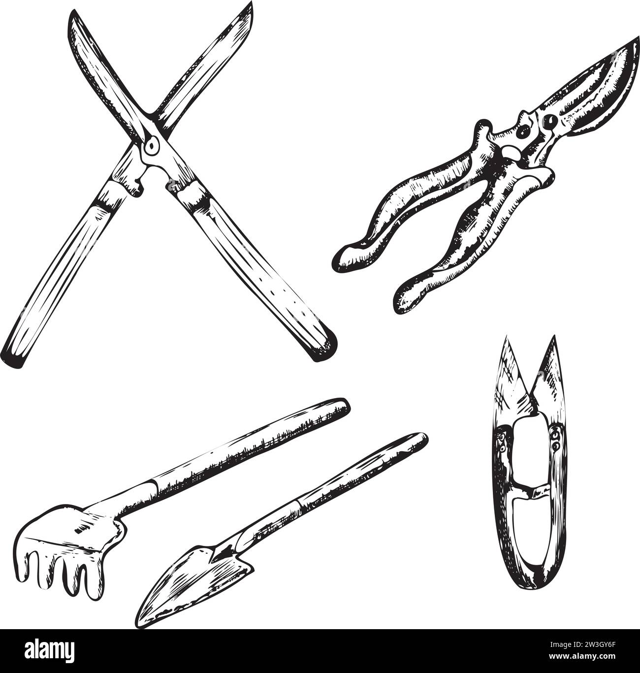 Handdrawn ink illustrations. A set of garden tools, trowels, hedge