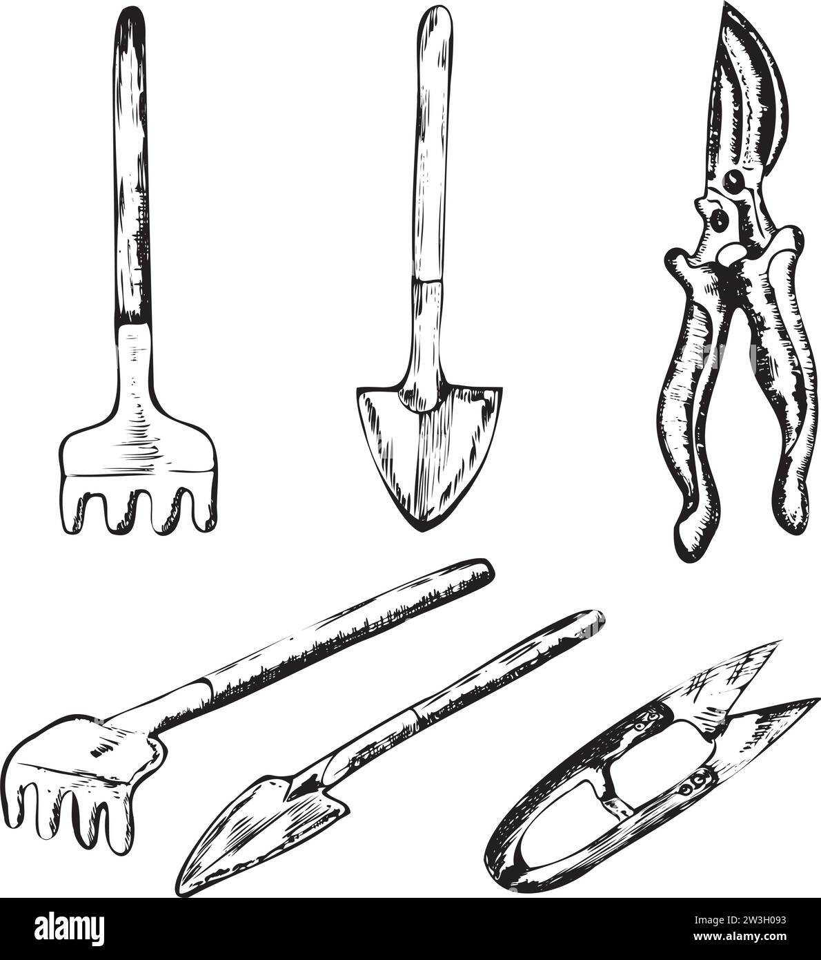 Handdrawn ink illustrations. A set of garden tools, trowels, hedge