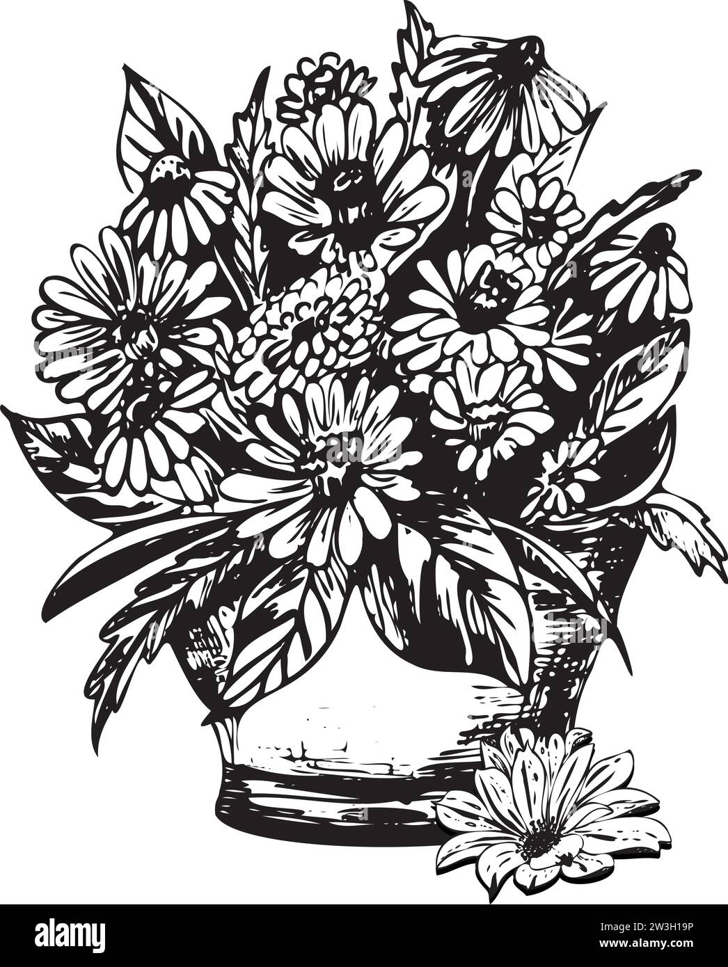 Hand-drawn ink illustration. Garden pot with flowers. Vector illustration Stock Vector