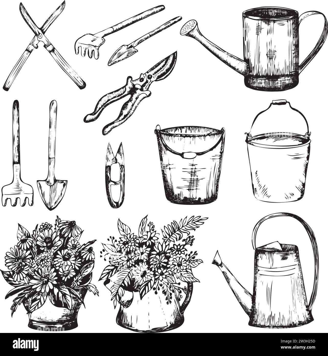 Handdrawn ink illustrations. A set of garden tools, watering cans