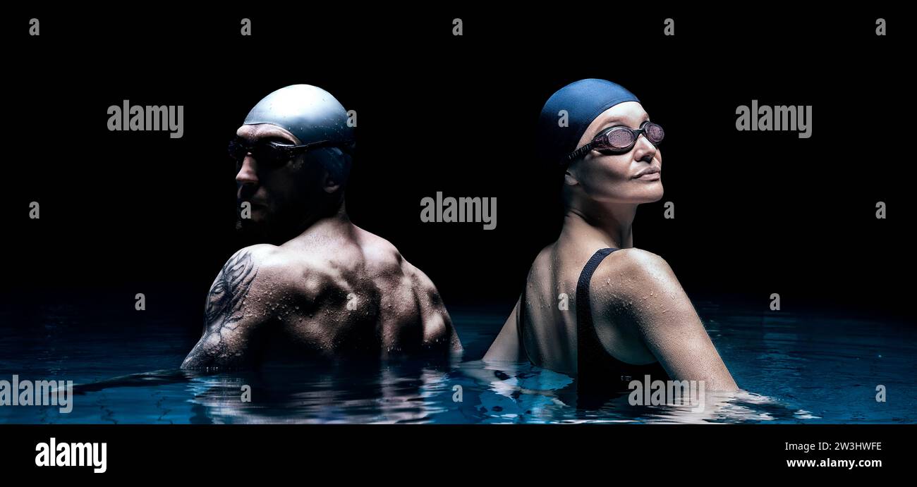 Charming woman and a strong man posing in the pool. Water sports concept. Back view. Mixed media Stock Photo