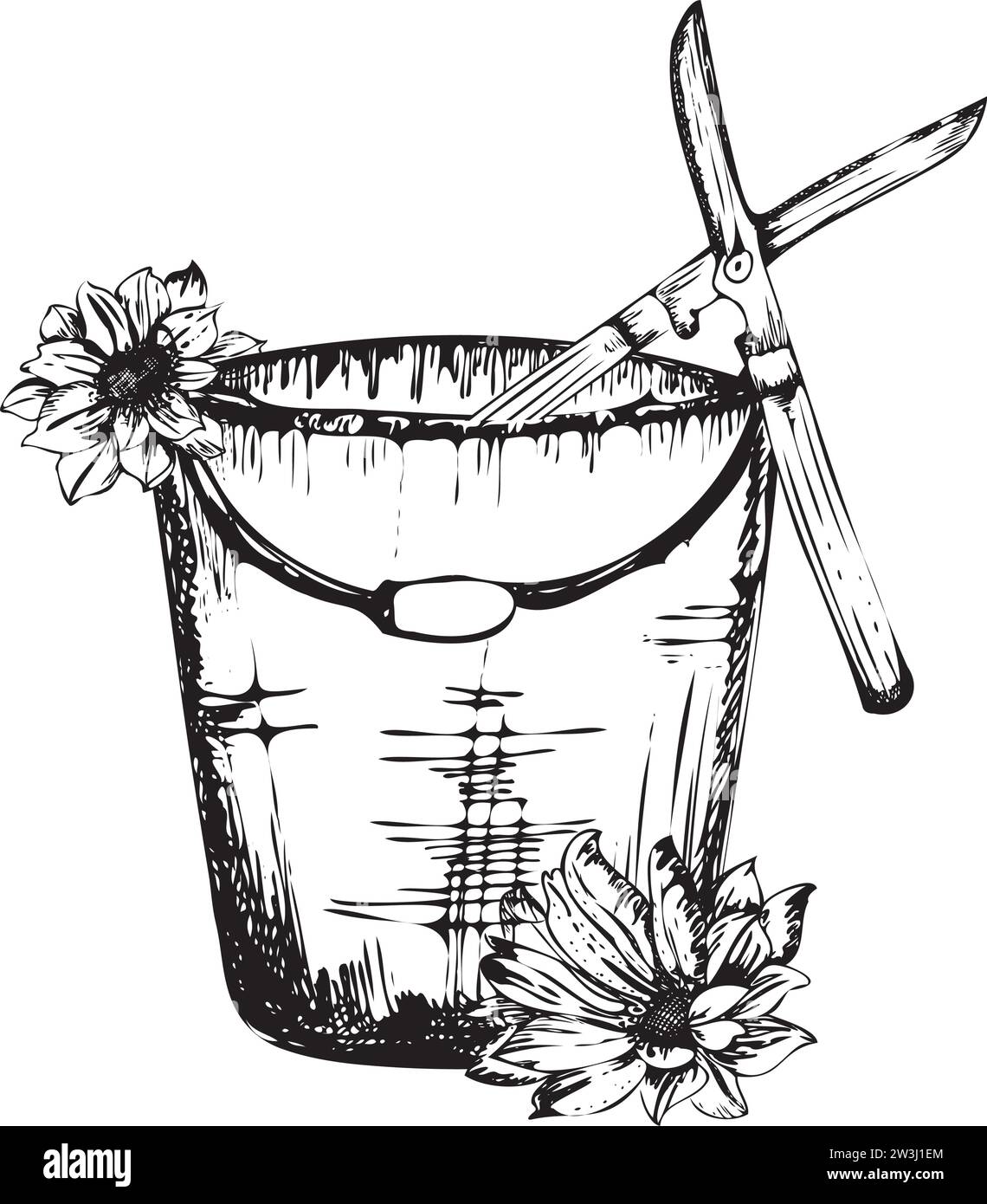 Handdrawn ink illustration. A bucket with garden scissors and flowers
