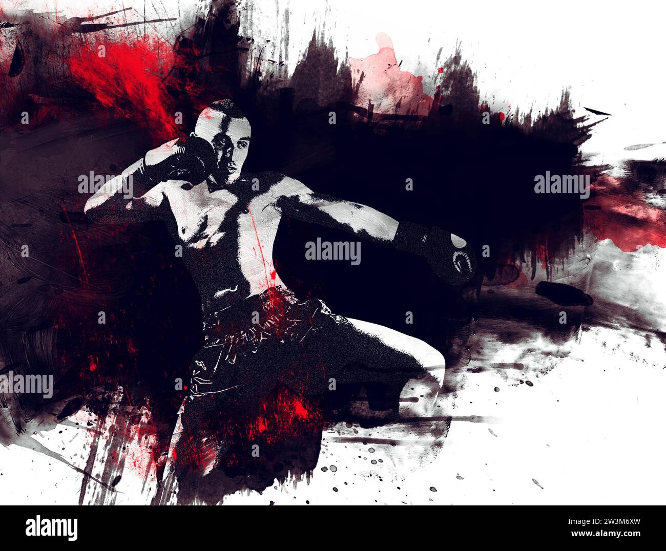 Thai boxer in the ring hits with a knee. The concept of sports, gyms