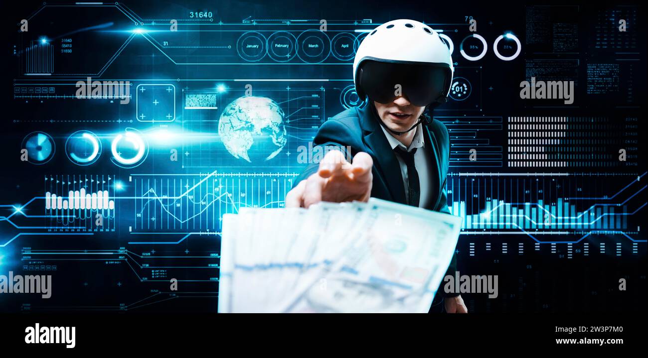 Portrait of a businessman in a suit and aviator helmet. He is trying to reach a pack of hundred-dollar bills. Business concept. Mixed media Stock Photo