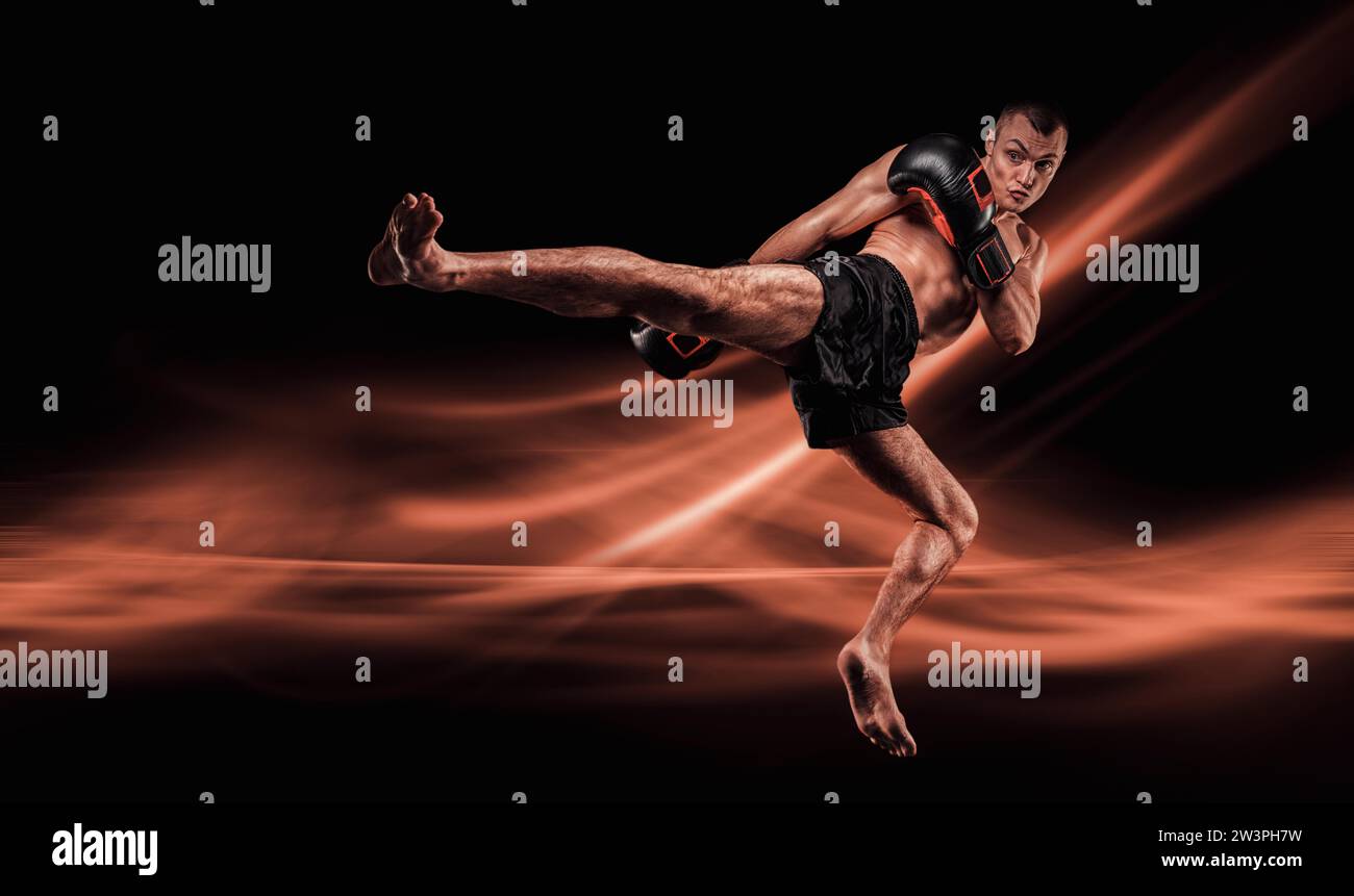 Flying mma fighter. Kickboxing concept. Knee strikes. High quality