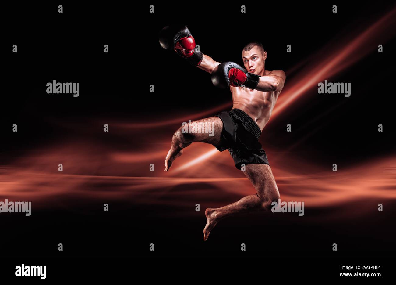 Flying mma fighter. Kickboxing concept. Knee strikes. High quality