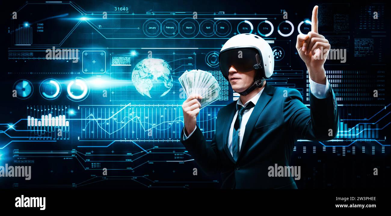 Portrait of a businessman in a suit and aviator helmet. He made a fan of a pack of hundred-dollar bills. Business concept. Mixed media Stock Photo