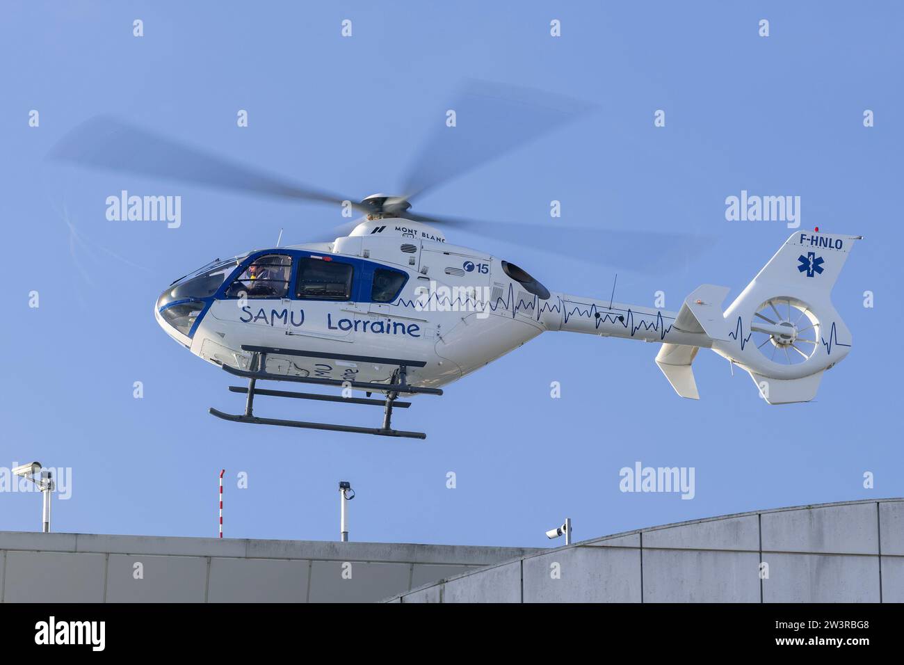 Nancy, France - Samu Lorraine Eurocopter EC-135 T2+ taking off from Nancy's hospital. Stock Photo