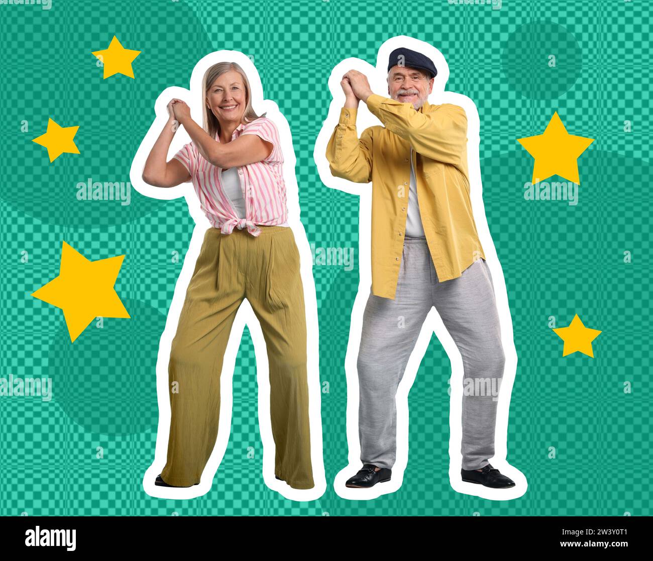 Happy couple dancing on bright background. Creative collage with stylish mature man and woman. Concept of music, energy, party, fashion, lifestyle Stock Photo