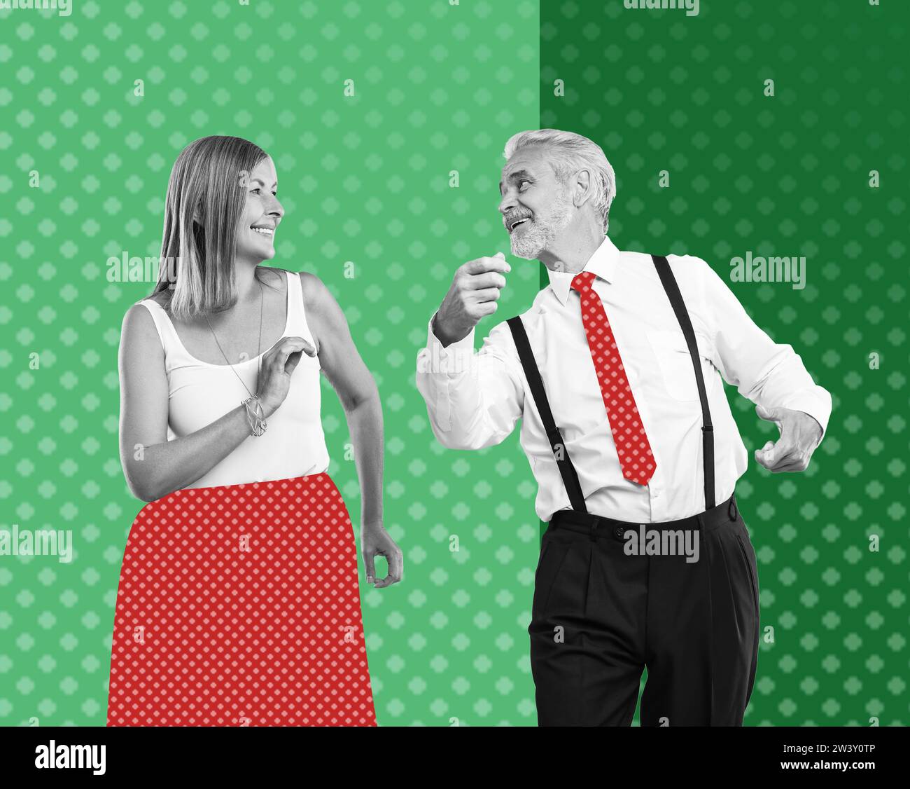 Happy couple dancing on bright background. Creative collage with stylish mature man and woman. Concept of music, energy, party, fashion, lifestyle Stock Photo