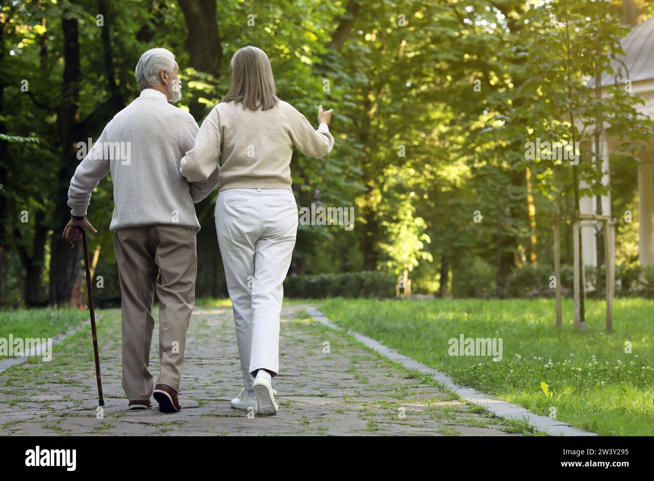 Senior man with walking cane and mature woman in park, back view. Space ...