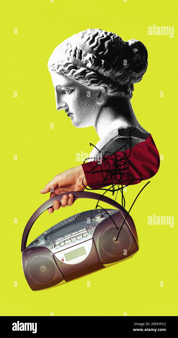 Contemporary art collage. Antique Greek statue holds retro stereo system and listening popular music soundtracks against green background. Stock Photo