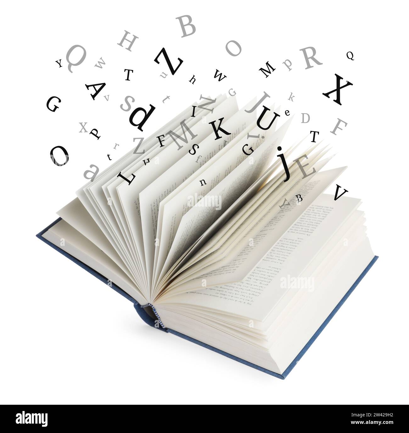 Open book in air with letters flying out of it on white background Stock Photo