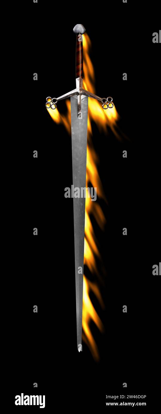 ANTIQUE SWORD ILLUSTRATION WITH FIRE EFFECT Stock Photo